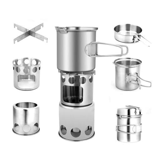 HOUSN Topf Kocher Holzofen Bratpfanne Pot Portable Stapelbar Outdoor Picknick Wandern Kochgeschirr Kit,Silber